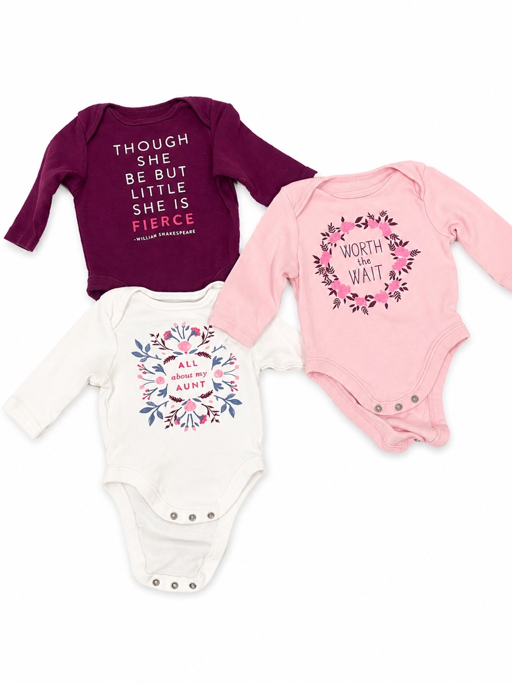 Baby Girls Long-Sleeve One-Piece Bodysuit Set in Burgundy, Pink & Cream